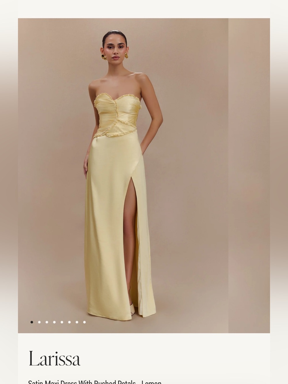 Meshki Champagne Pleated Bust Strapless Satin Dress